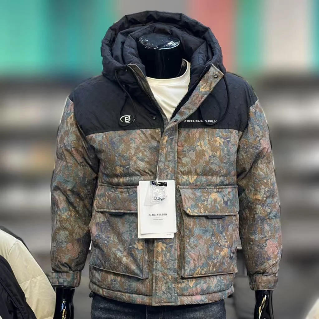 2024新款连帽花色迷彩羽绒服男冬季休闲保暖碎花男士修身冬装外套