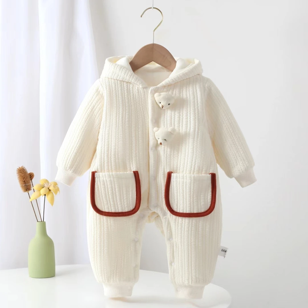 冬季新款男女宝宝加棉两只立体小熊连帽耳朵哈衣外出服爬爬服