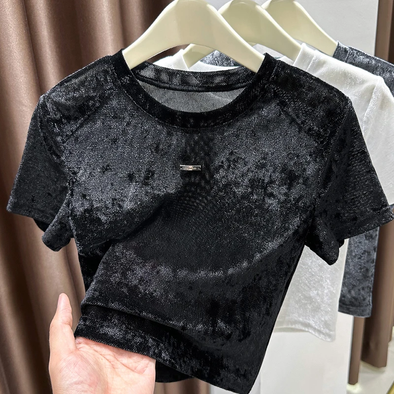 黑色金丝绒正肩短袖t恤女夏季高腰短款设计感小众修身高级感上衣