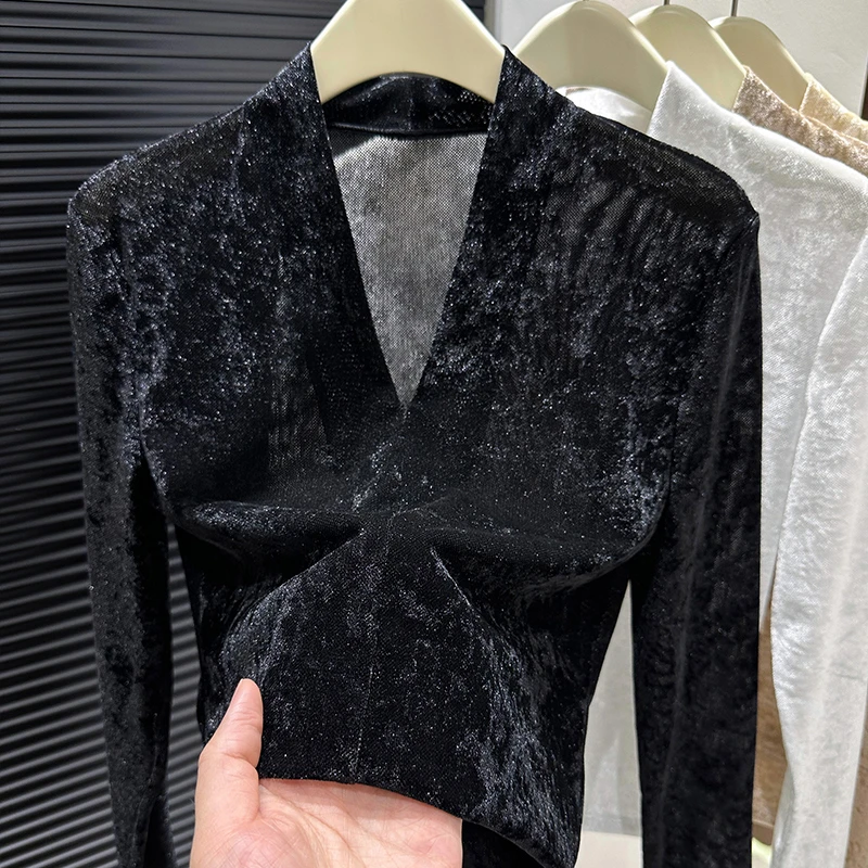 高级感黑色深V领金丝绒网纱打底衫女内搭修身长袖t恤微透薄款上衣