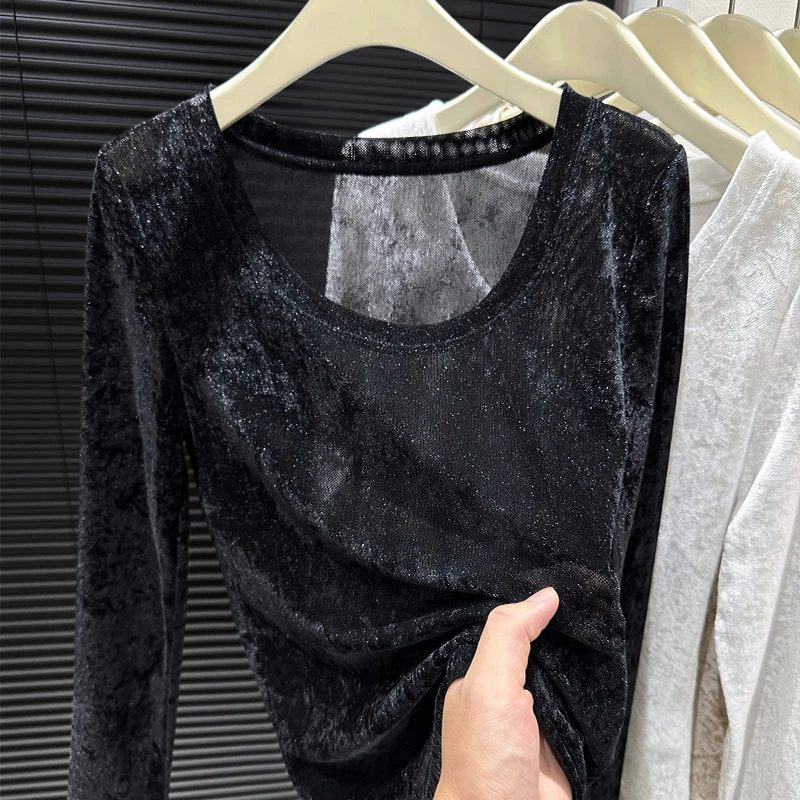 奢华金丝绒网纱打底衫女高级感内搭大U领长袖t恤洋气时尚镂空上衣