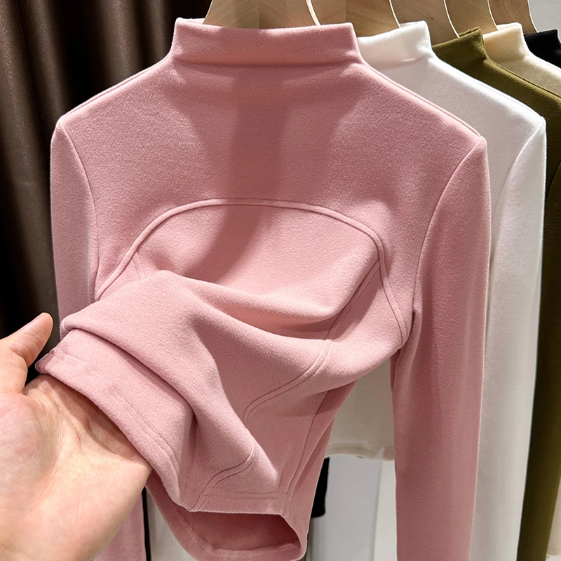 粉色双面德绒打底衫女秋冬内搭可外穿修身短款弧形下摆鱼骨线上衣