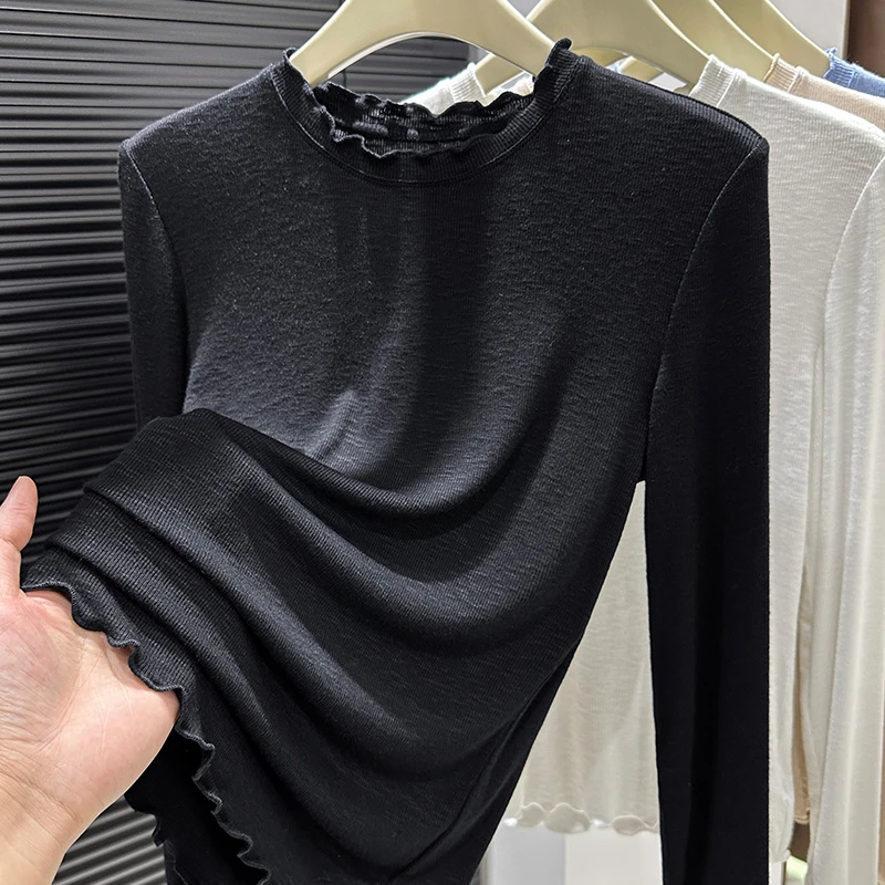 黑色竹节棉针织打底衫女款爆款2025新款木耳圆领修身洋气内搭上衣