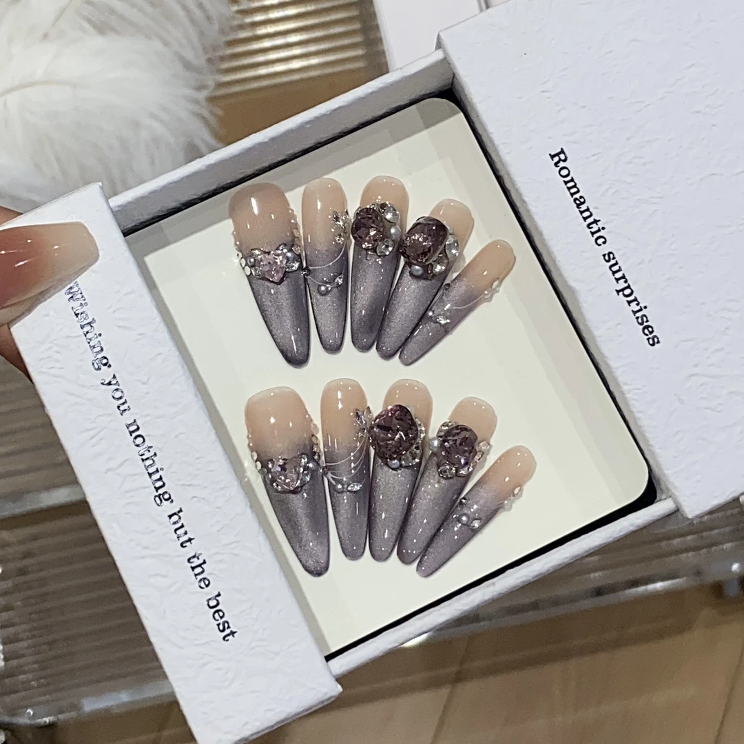 【一秒心动】原创实拍紫罗兰法式碎钻蝴蝶爱心精品K9钻指甲贴片