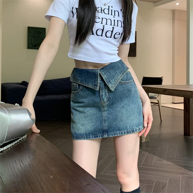 设计感高腰翻边牛仔裙女夏季2025小个子复古辣妹风显瘦别致半身裙