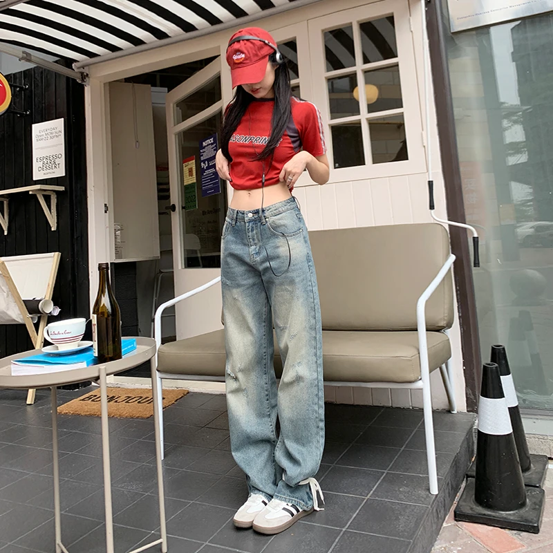 美式高街复古水洗做旧黄泥色直筒阔腿牛仔裤女高腰显瘦加长薄款裤