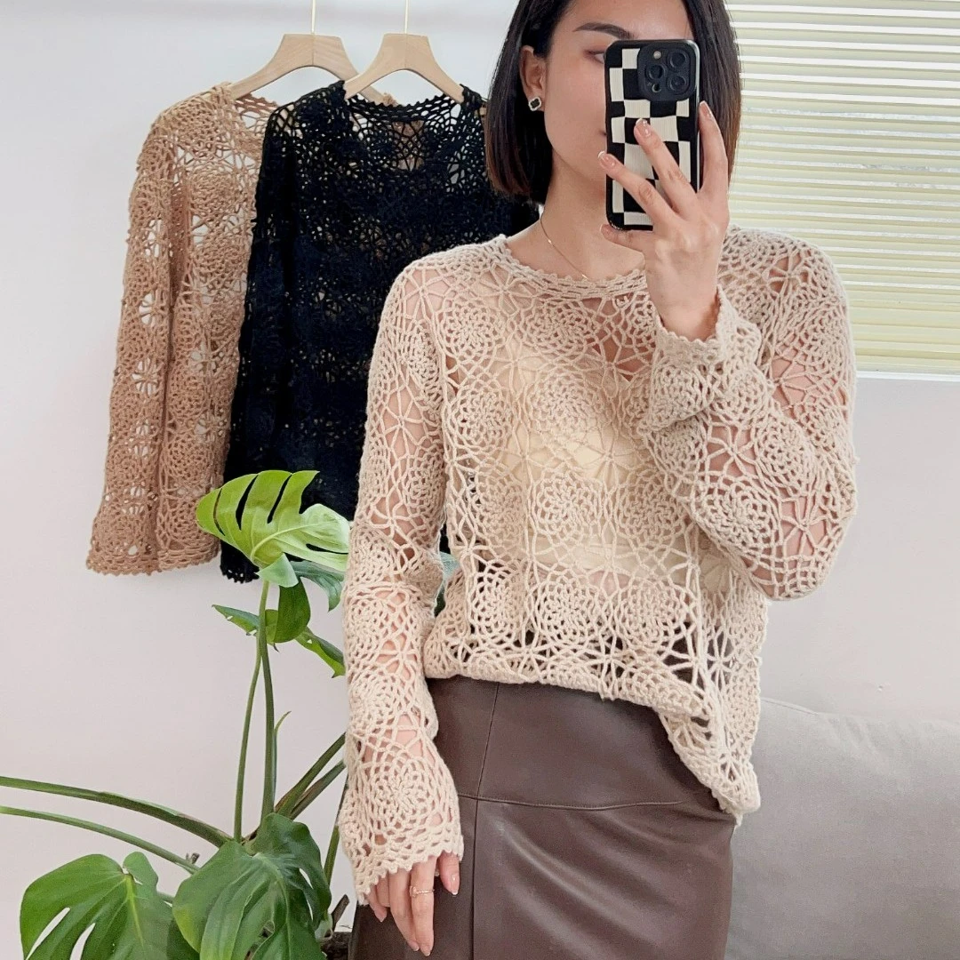 反季镂空时尚计师款纯手工羊绒衫气质长袖针织衫100%山羊绒衫女