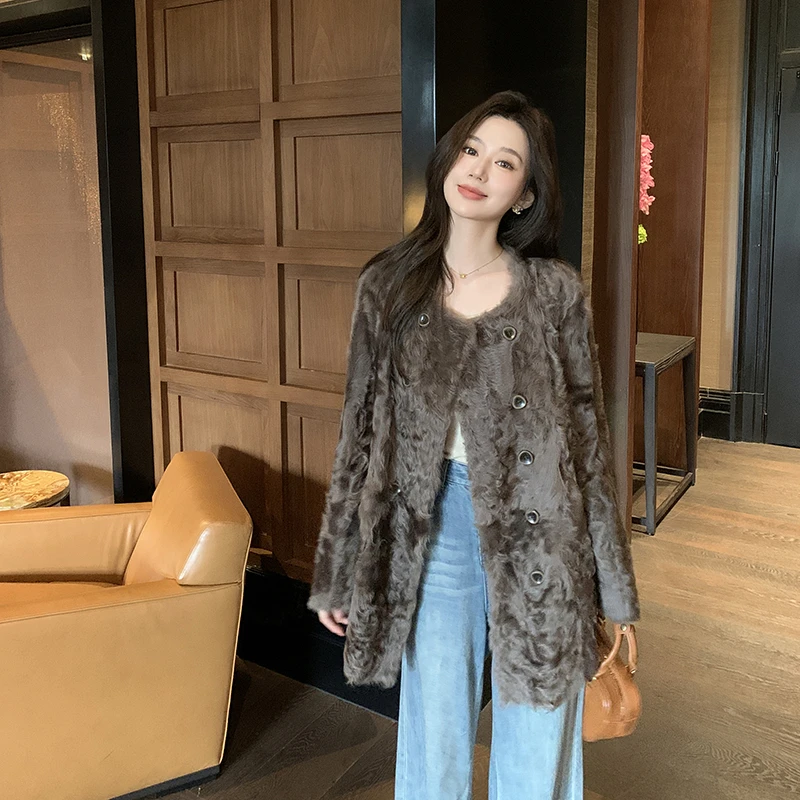 复古小湖羊皮毛一体外套女两面穿双排扣圆领中长款系带海宁大衣