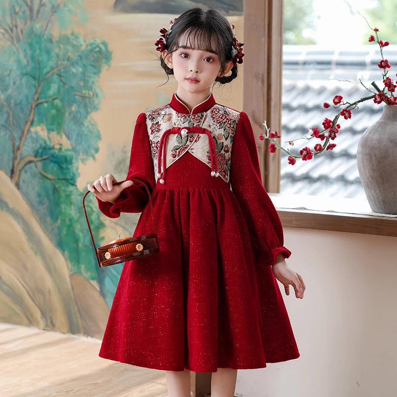 女童连衣裙长袖秋冬新款中国风新年红色儿童裙子小女孩生日公主裙