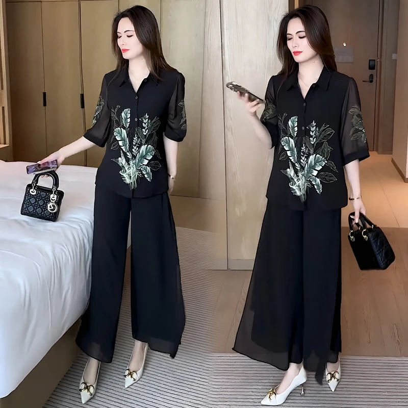 洋气气质衬衫搭阔腿裤两件套女2025新款中夏季夏季衬衫阔腿裤套装