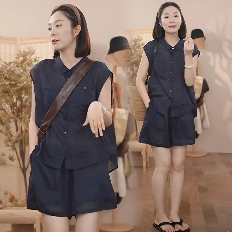 高级感时尚设计感套装女夏新款时尚翻领无袖设蓝时尚翻领百褶套装