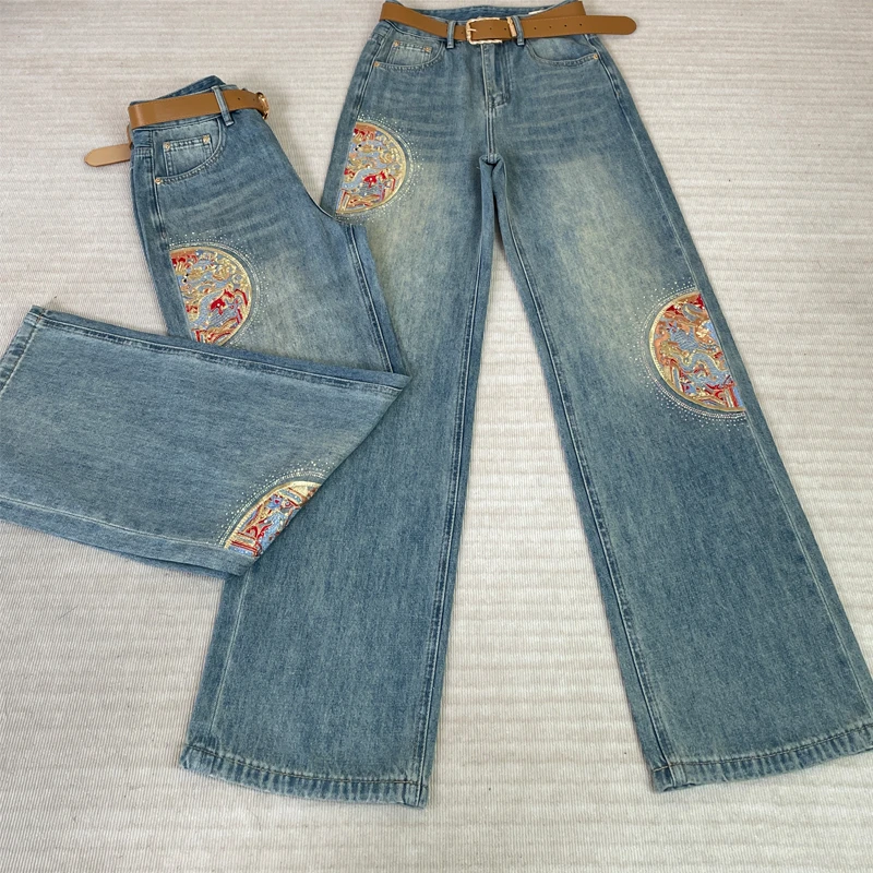 春秋新款窄版牛仔拖地裤女新中式国风阔腿夏季雾蓝新中式阔腿裤