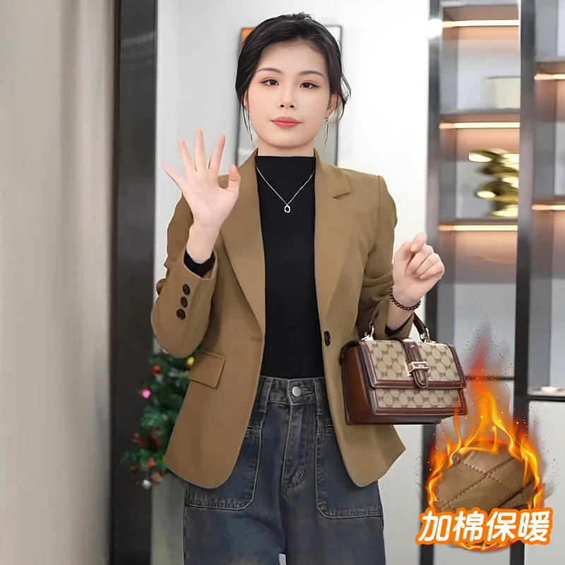 短款小个子咖色西装外套女2023秋冬季新款设计感加棉保暖西服上衣