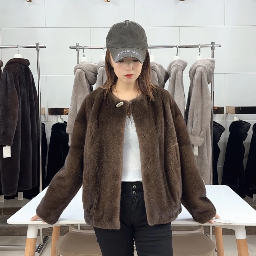 07进口貂皮大衣女新款彩色百搭外套裘皮大衣时尚新款休闲鹅绒纽扣