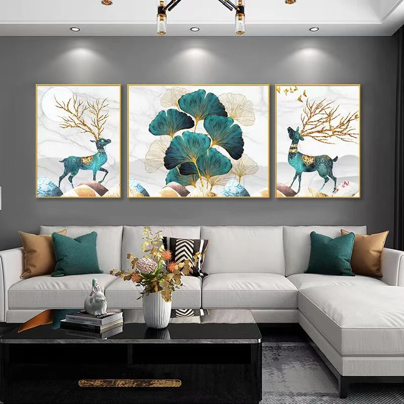 【银杏叶麋鹿】新款中大格满绣三联副招财鹿客厅简约棉线十字绣