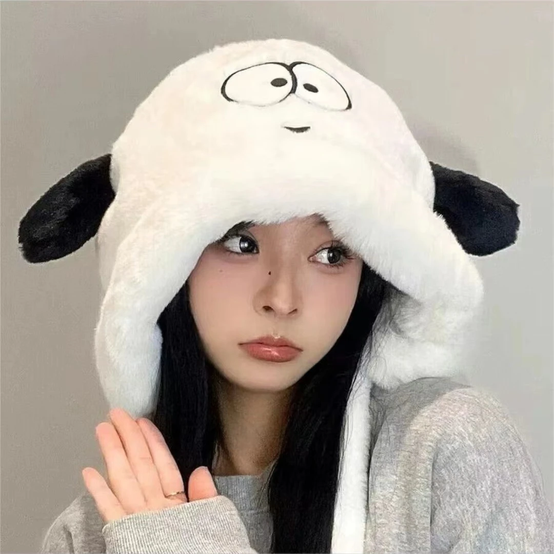 可爱小狗毛绒帽子女冬季骑车保暖女生护耳帽白色毛茸茸雷锋帽网红
