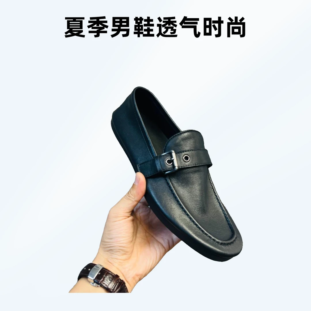 GKQ/古铠骑新款夏季男士透气软底软面时尚休闲豆豆鞋百搭黑色真皮