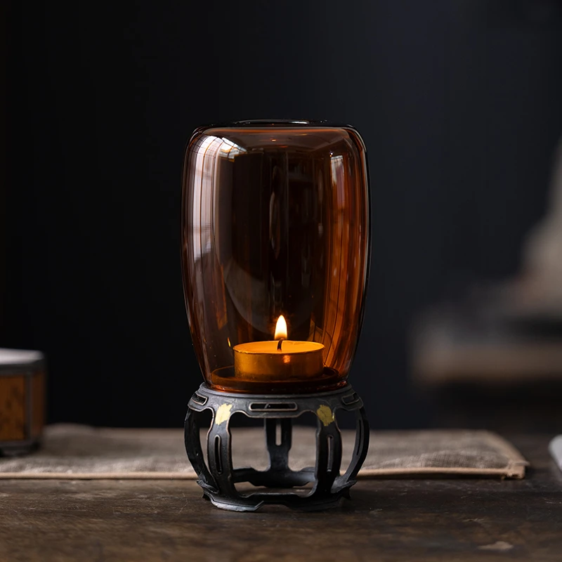 古篱蜡烛灯盏古铜底座禅意茶室氛围灯玻璃琥铂色空间装饰摆件烛台