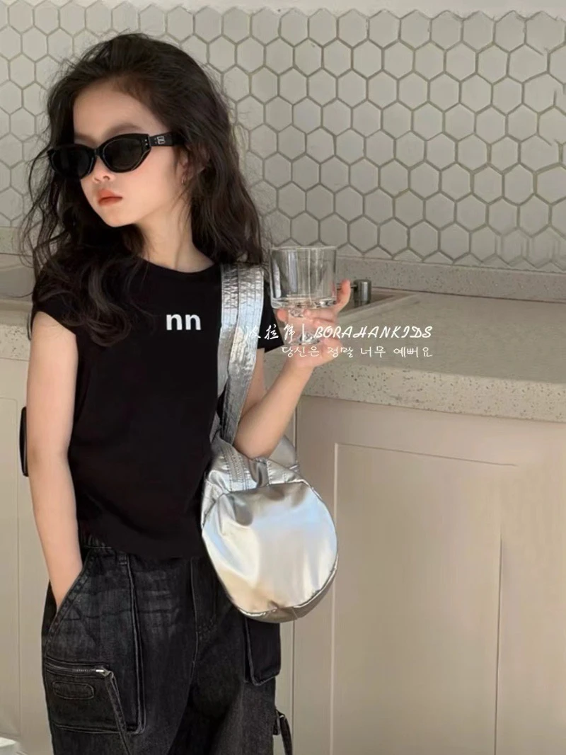 儿童夏季百搭时尚显瘦女童童装复古春夏韩版毛边做旧