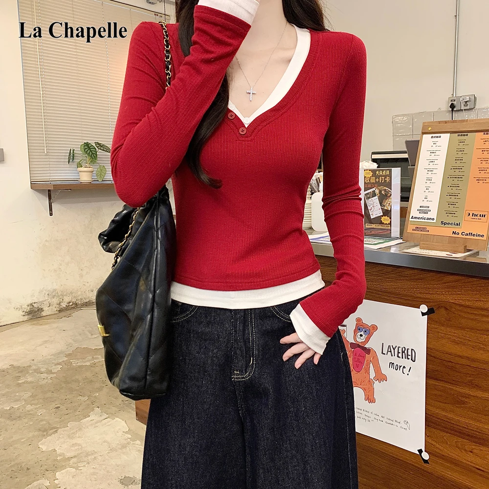 拉夏贝尔V领长袖修身t恤女秋冬显瘦韩版百搭假两件甜辣内搭上衣女