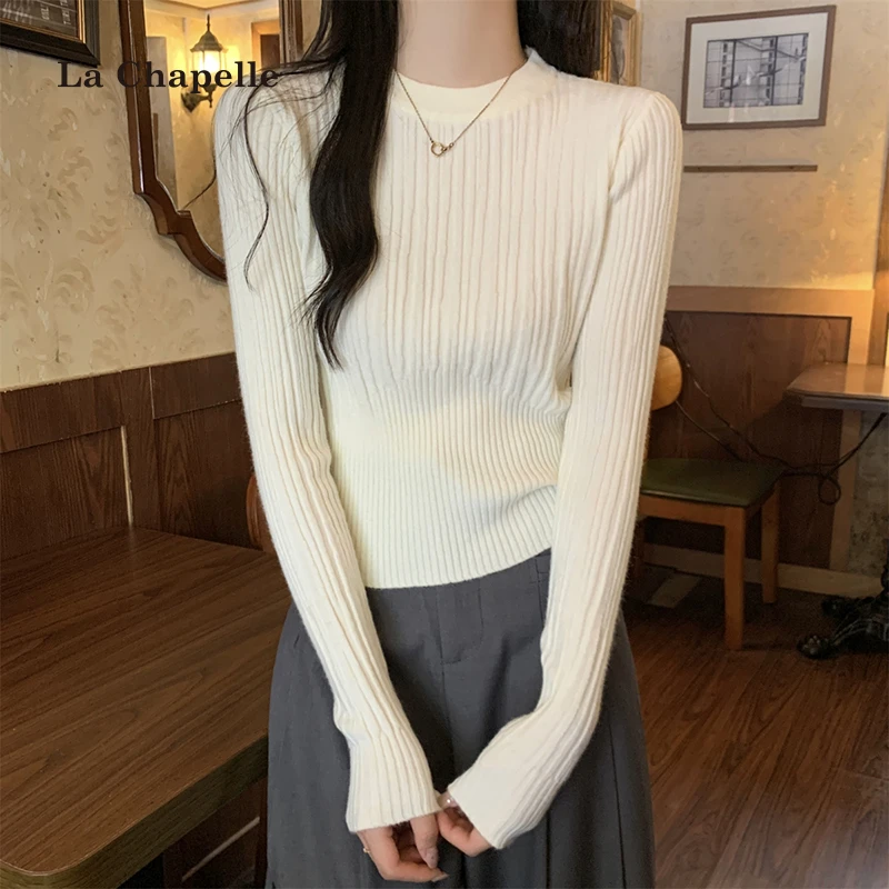 拉夏贝尔圆领打底衫女秋季2025新款高级感毛衣内搭长袖针织衫上衣