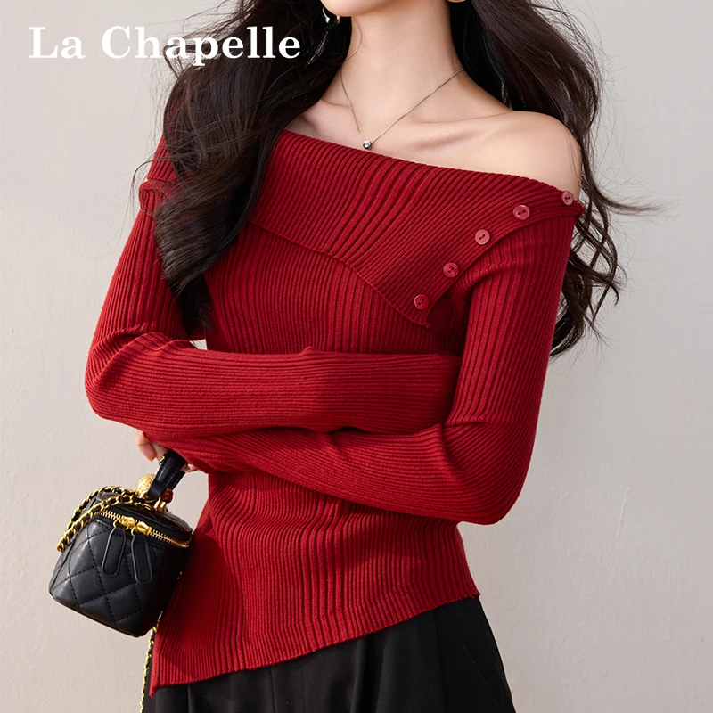 拉夏贝尔红色一字肩毛针织衫女秋冬新款高级感修身打底衫长袖上衣