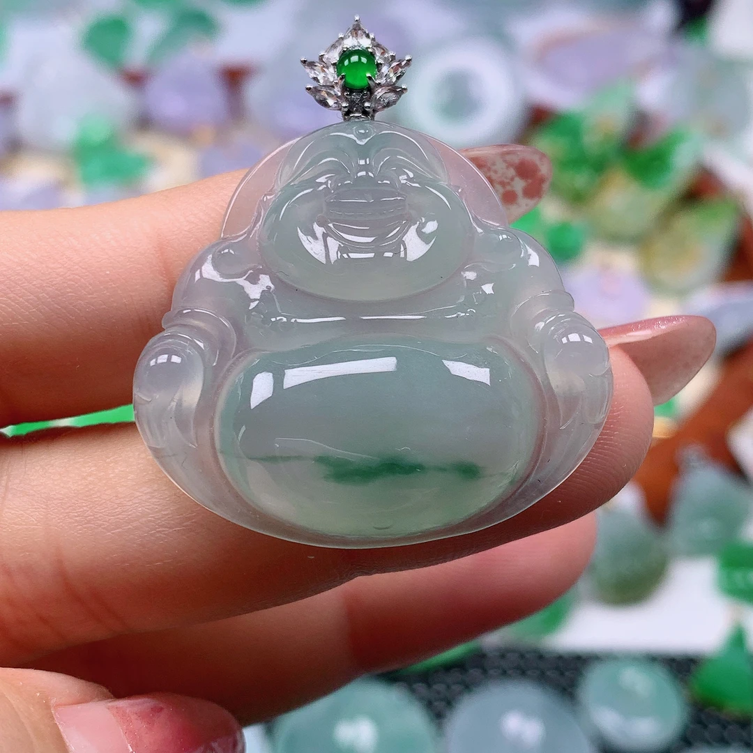 缅甸天然A货翡翠，冰胶晴水飘花佛公 编338/1209尺寸31.3-35.4-6.1