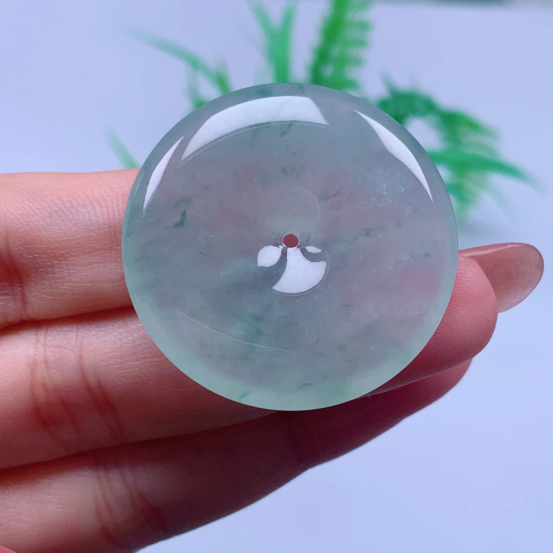 缅甸天然A货翡翠，冰种飘花平安扣 编号q尺寸 35.4-5.6