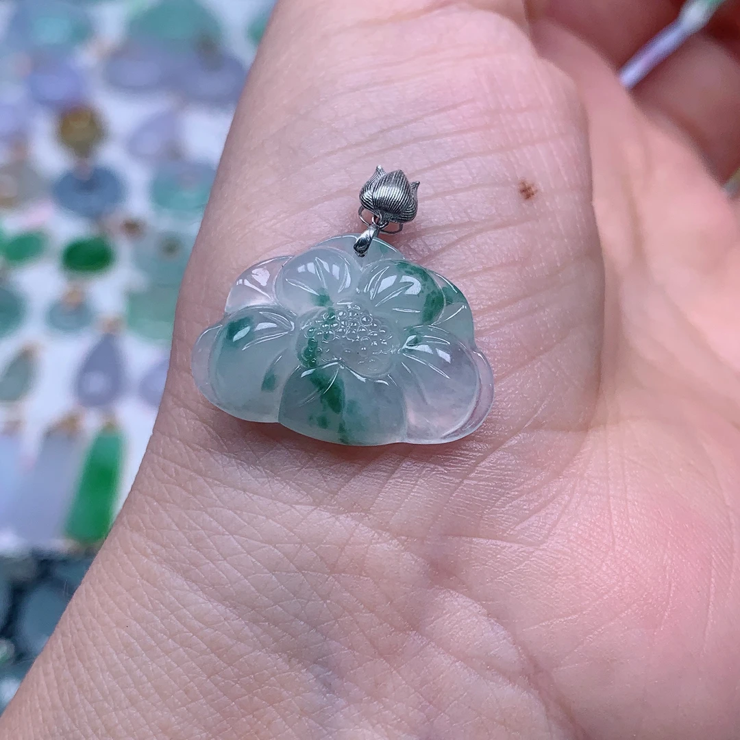 缅甸天然A货翡翠，冰飘花莲花407/1016尺寸15.5-22.8-4.1