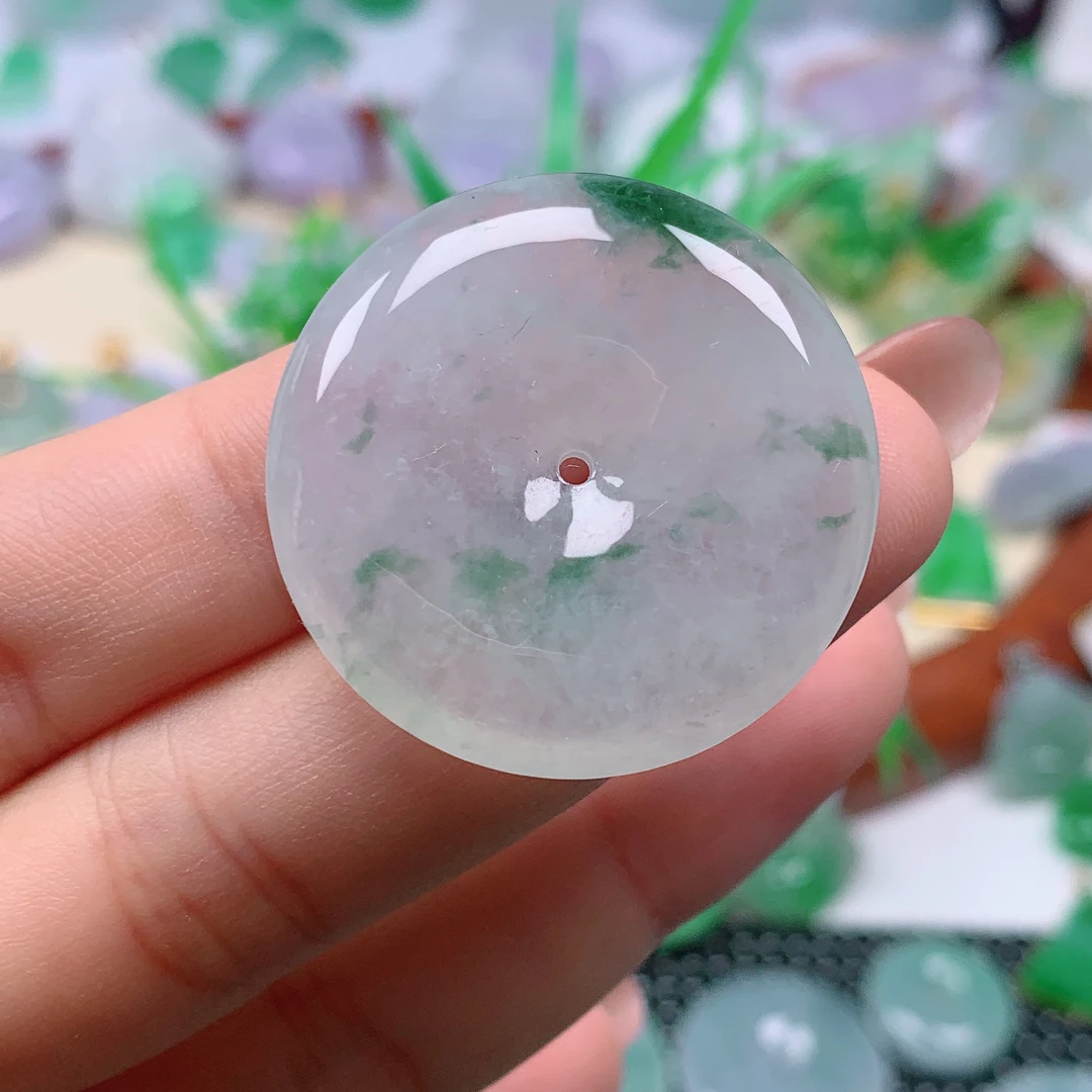 缅甸天然A货翡翠，冰飘花平安扣 编号9/1209尺寸 32.5-6.5