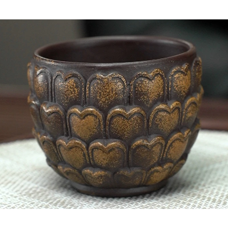 4019宜兴紫砂原矿黑金刚手工雕刻菩提陶瓷复古莲子主人杯紫砂杯