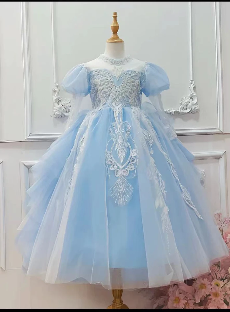 蓝色艾莎高定儿童晚礼服生日主持钢琴演出蓬蓬纱公主长裙工厂现货