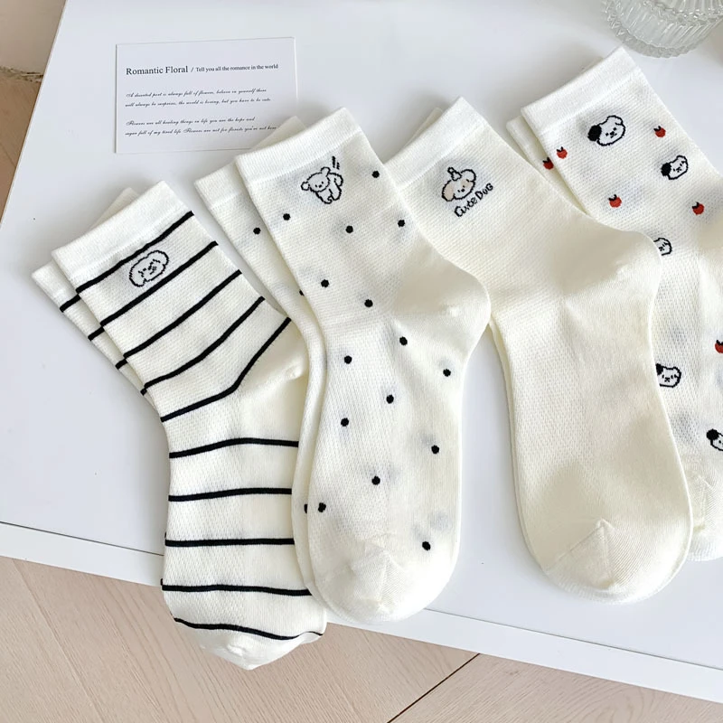 诸暨袜子女春夏新款中筒女袜网纹薄款可爱白色卡通袜盐系少女袜棉