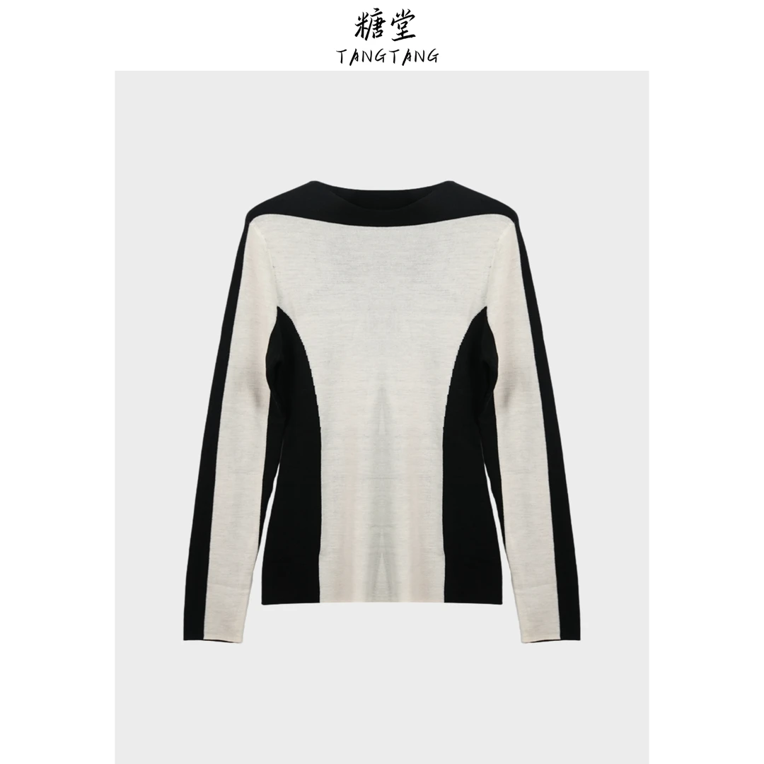 【糖堂】100%羊毛扬子纱撞色修身时尚打底衫针织显瘦百搭女上衣Z100