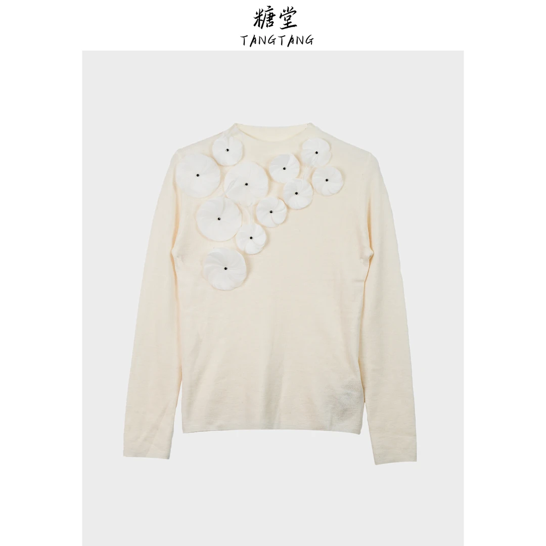 【糖堂】100%美丽诺羊毛打底衫扬子纱精致内搭重工立体花朵气质Z076