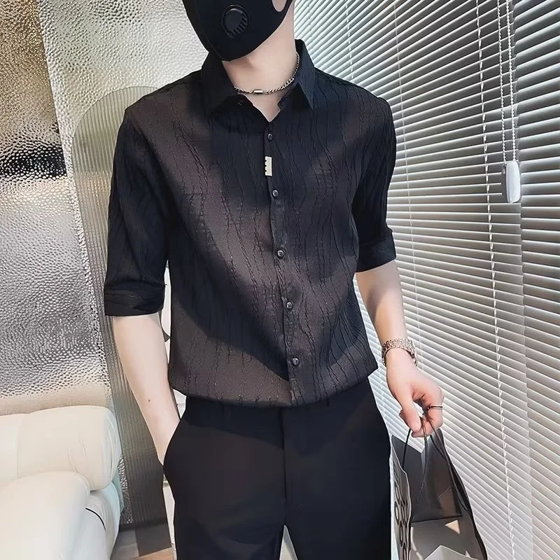 薄款白色衬衫男新款条纹休闲寸衫七分袖潮牌痞帅修身七袖衬衣男生