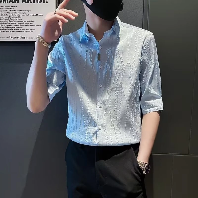 夏季新款男士纯色条纹短袖衬衫修身百搭七分袖衬衣痞帅中袖男衬衫