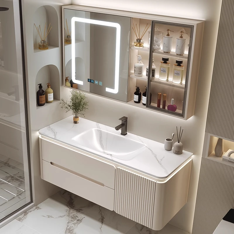 奶油风镜柜升级一体浴室柜马桶侧边收纳洗漱台轻奢智能镜洗脸盆柜