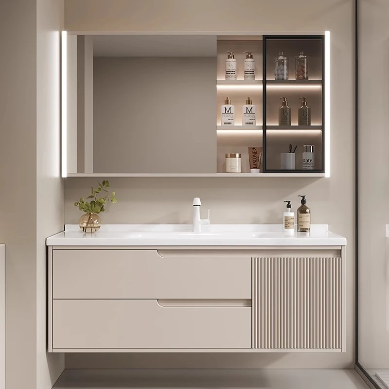 奶油风岩板无缝陶瓷一体盆浴室柜组合卫生间洗漱台洗手盆洗脸盆柜