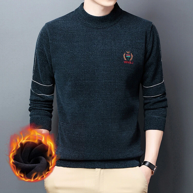 啄木鸟男士不起球毛衫加绒加厚冬季雪尼尔圆领纯色保暖毛衣针织衫