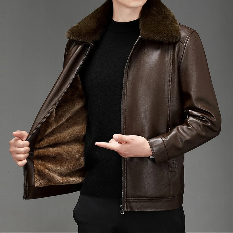 啄木鸟秋冬季海宁毛领真皮男士加绒皮衣外套爸爸保暖皮衣商务夹克