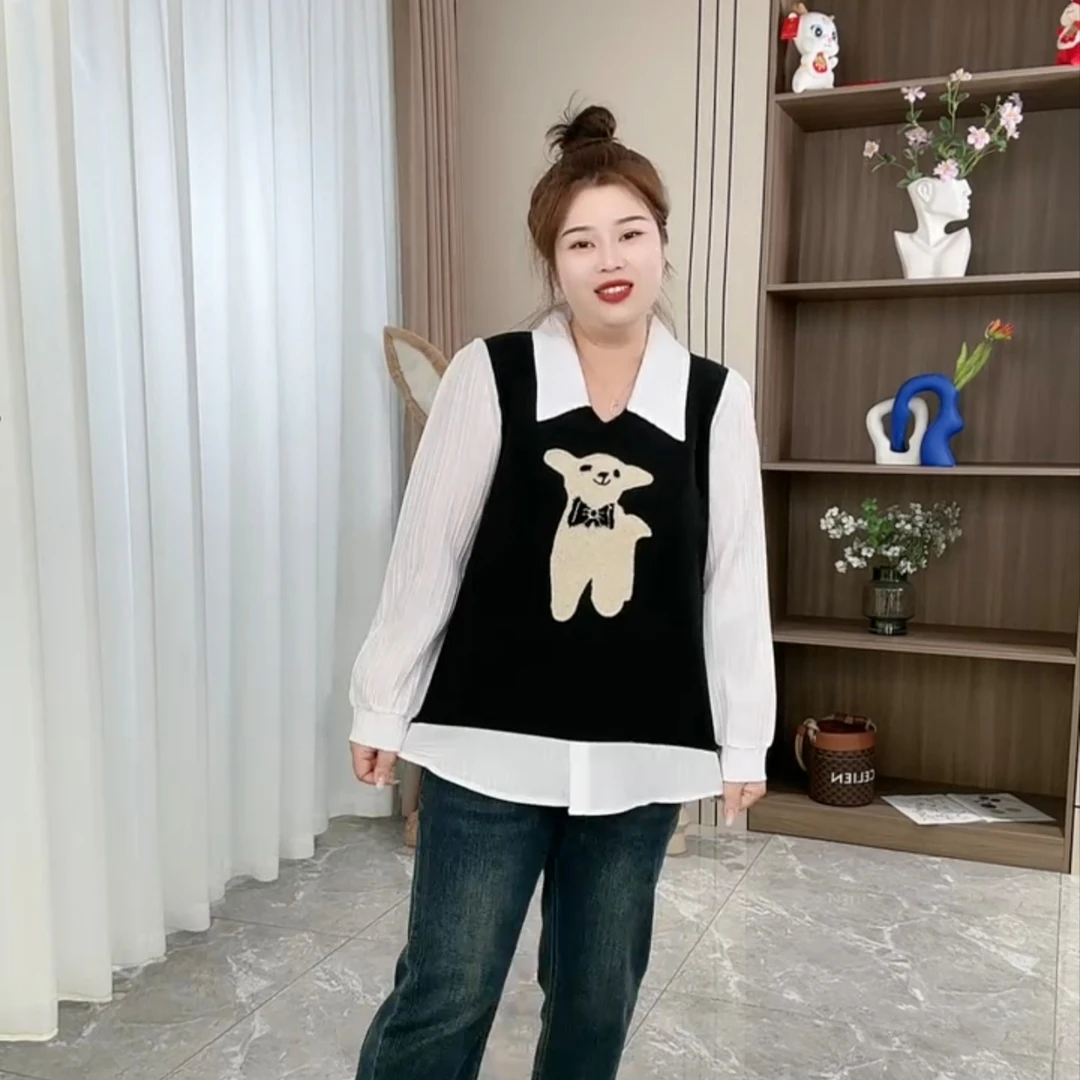 8331-大码女装早秋新款洋气减龄显瘦百搭拼接假两件上衣