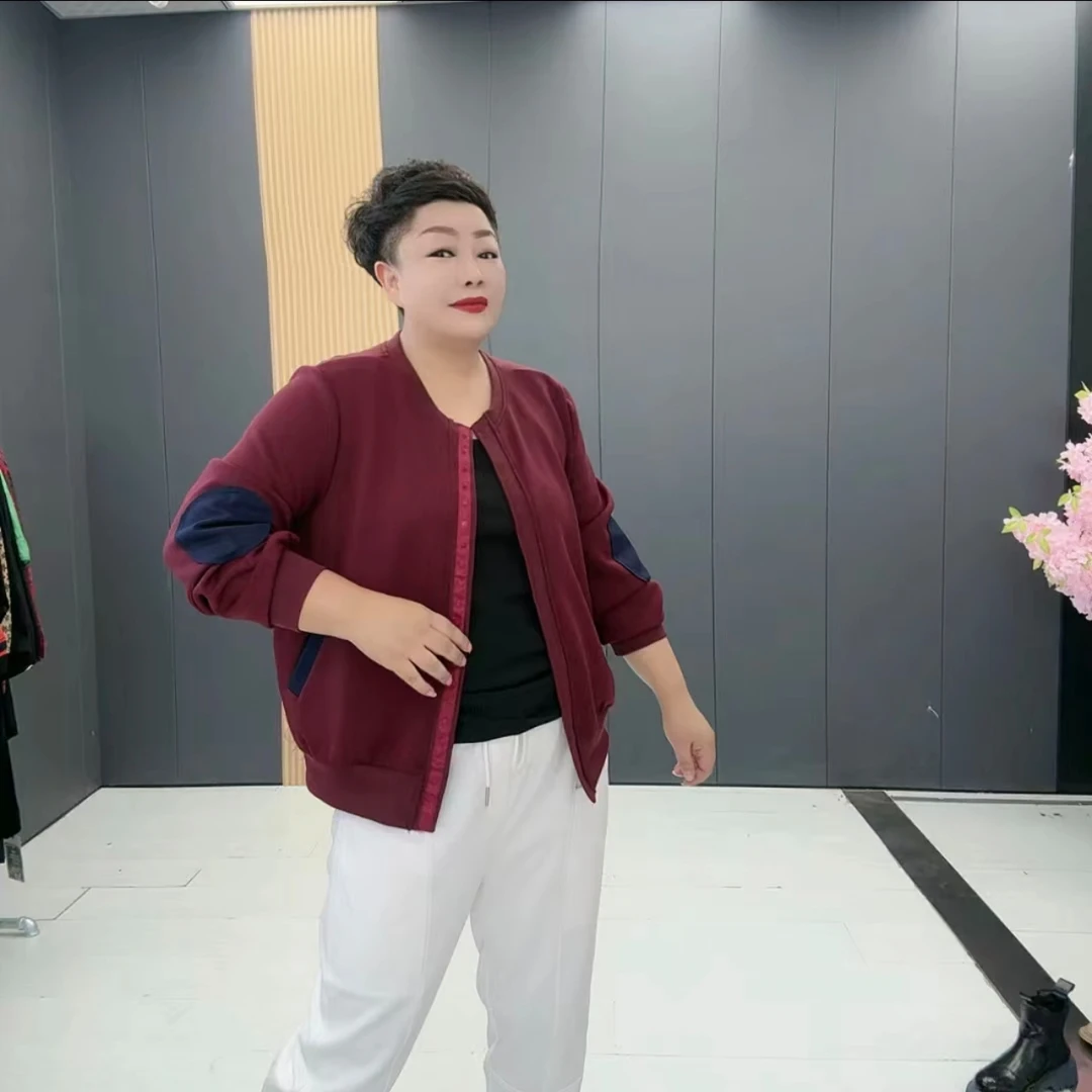 9445-大码女装秋季新款开衫款纯色拼接长袖短外套