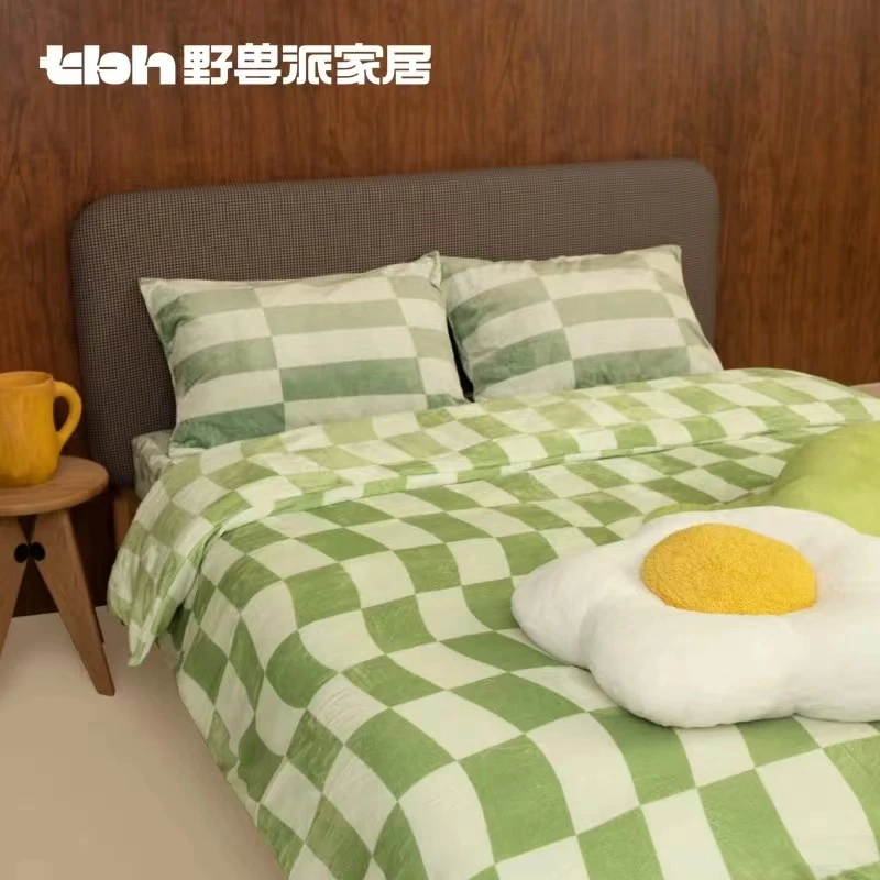 【冬季热卖】tbh野兽派家居棋盘格法兰绒格子床笠三/四件套秋冬加厚