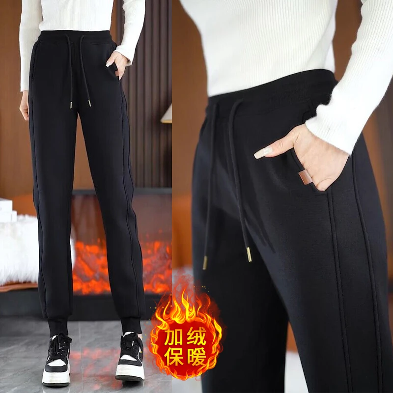 加绒加厚螺纹脚口运动休闲哈伦卫裤子冬季加绒外穿显瘦春秋