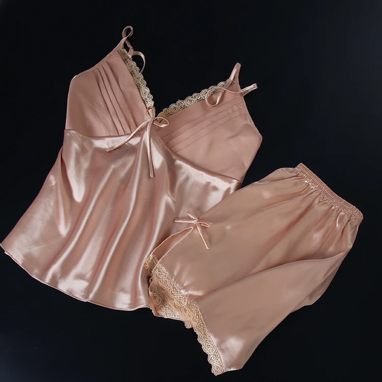 千金小套装性感美背吊带短裤珠光缎面两件套装夏季大码睡衣女夏季