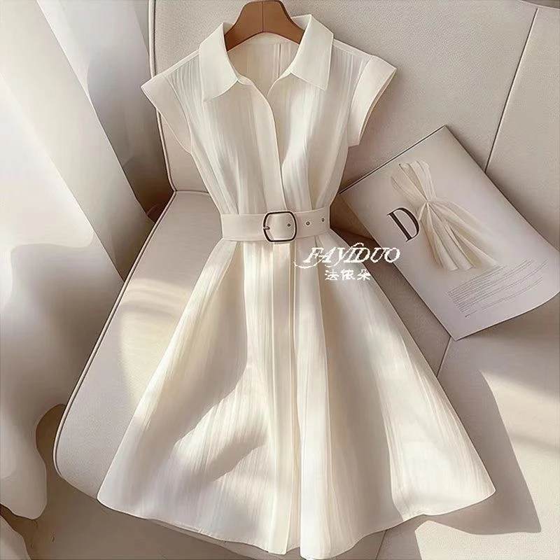 显瘦洋气减龄裙子女夏季高端气质御姐轻熟风白色A字连衣裙送腰带