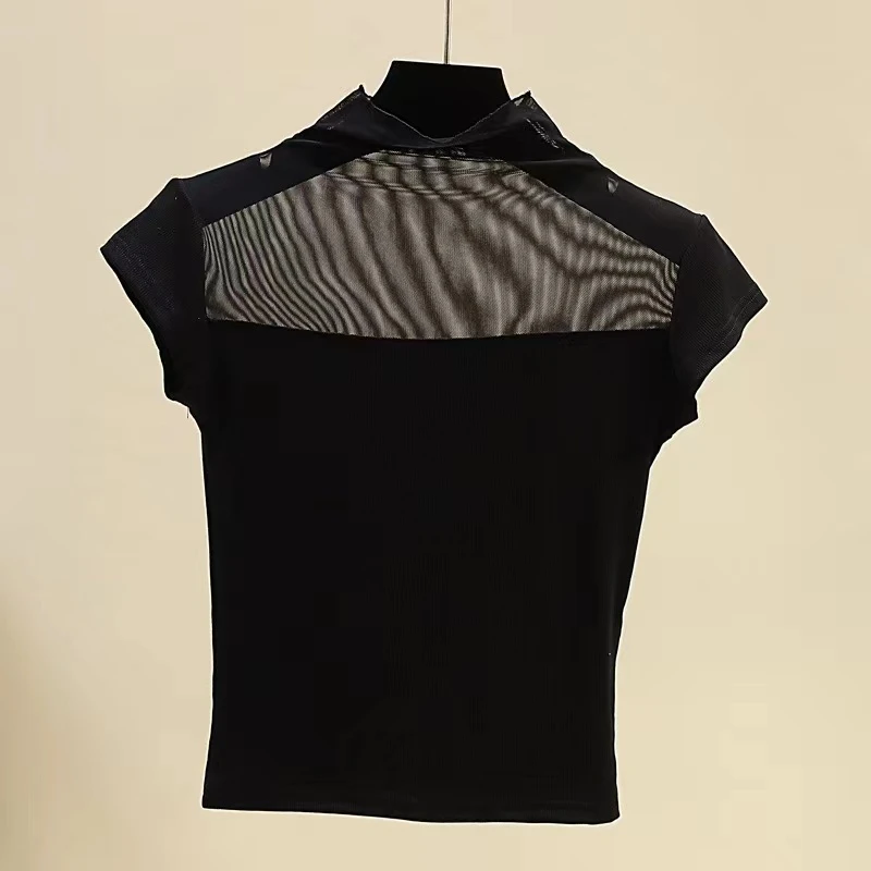 黑色网纱微透蕾丝拼接T恤女夏季2024新款辣妹修身时尚短袖上衣女