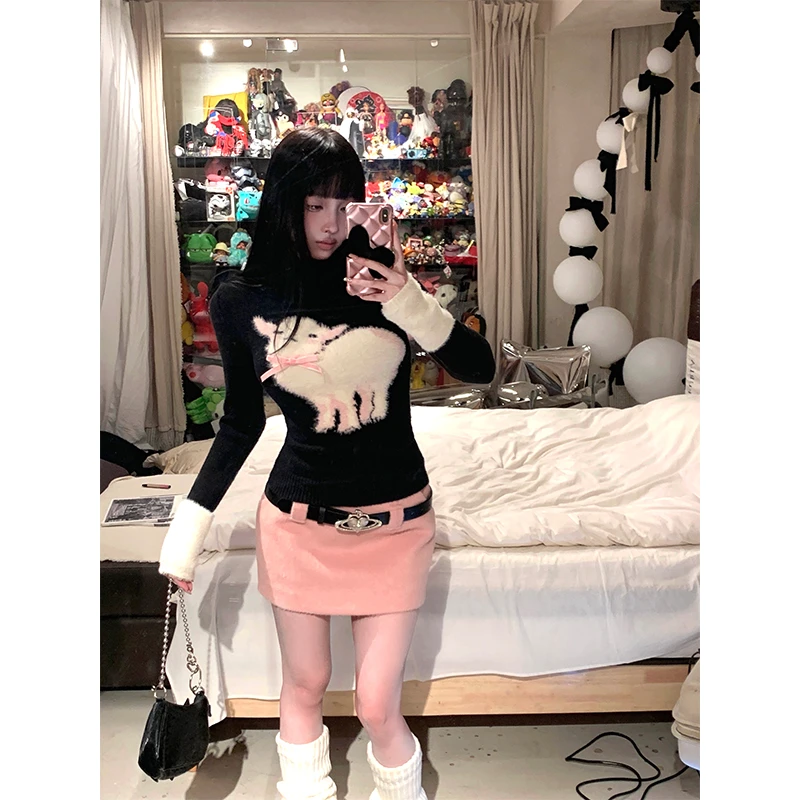 FunnJ方几◆羊咩芭比黑色慵懒毛衣套装女粉色高腰毛呢半身裙两件套