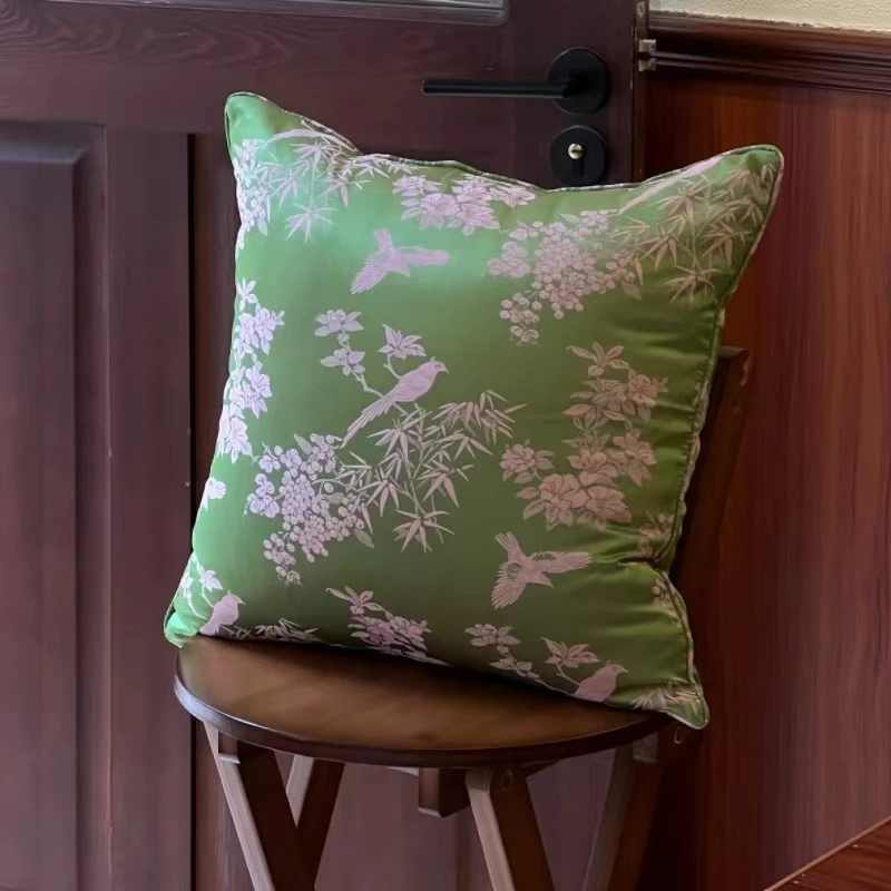 中式大号国风抱枕靠垫刺绣靠枕新中式提花绿色中国风花鸟图春夏款